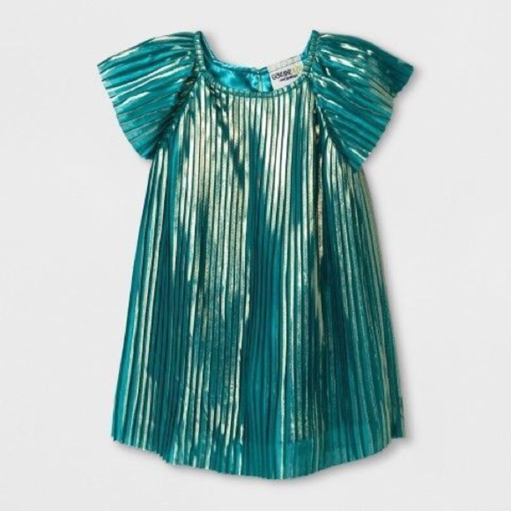 Metallic Pleated Dress- Turquoise Tide